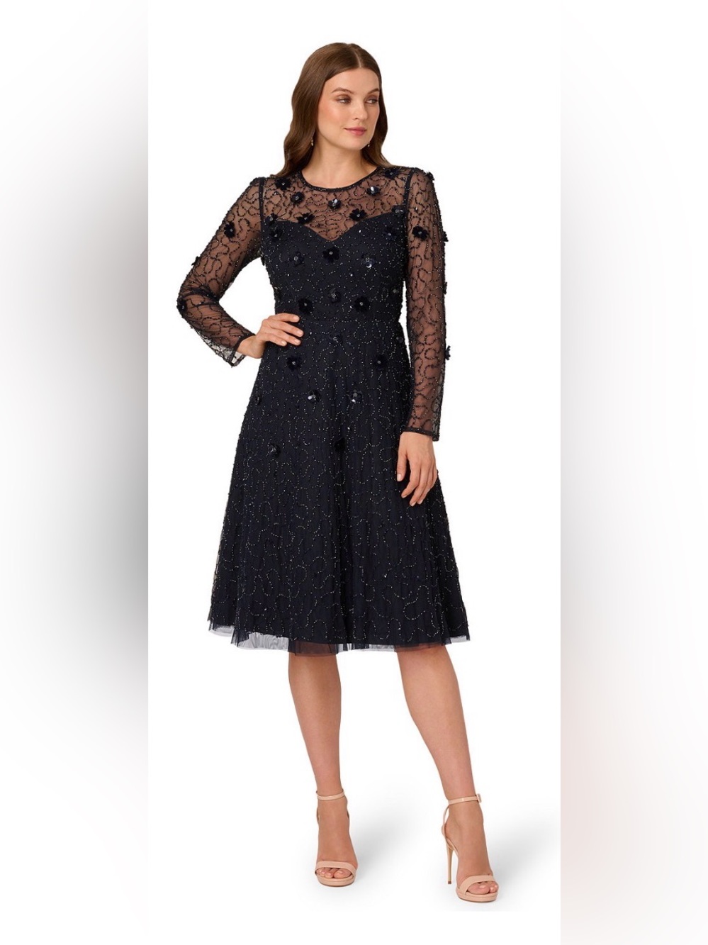 NWT Adrianna Papell Midnight Navy Blue Beaded Long sleeve Midi dress. Size 12 P.